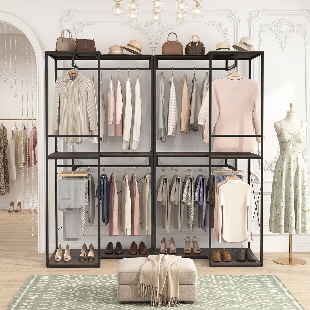 2M L-shaped Coat Rack Unit with 3 Shelves and 4 Rails Open Wardrobe-Grey