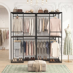 2M L-shaped Coat Rack Unit with 3 Shelves and 4 Rails Open Wardrobe-Grey