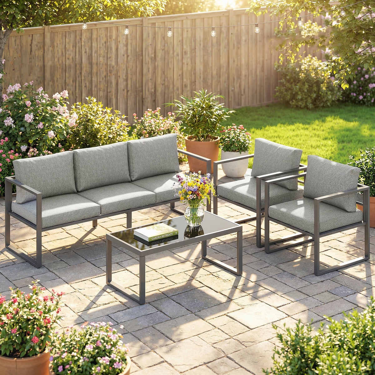 Outsunny 4 Piece Outdoor Garden Furniture Set, Patio Furniture with 3-Seater Sofa, Armchairs and Coffee Table