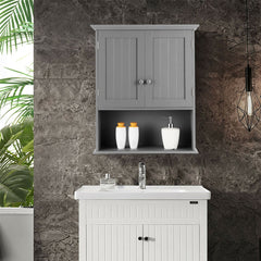 Grey wall cabinet with adjustable shelf installed above a white vanity unit in a modern bathroom