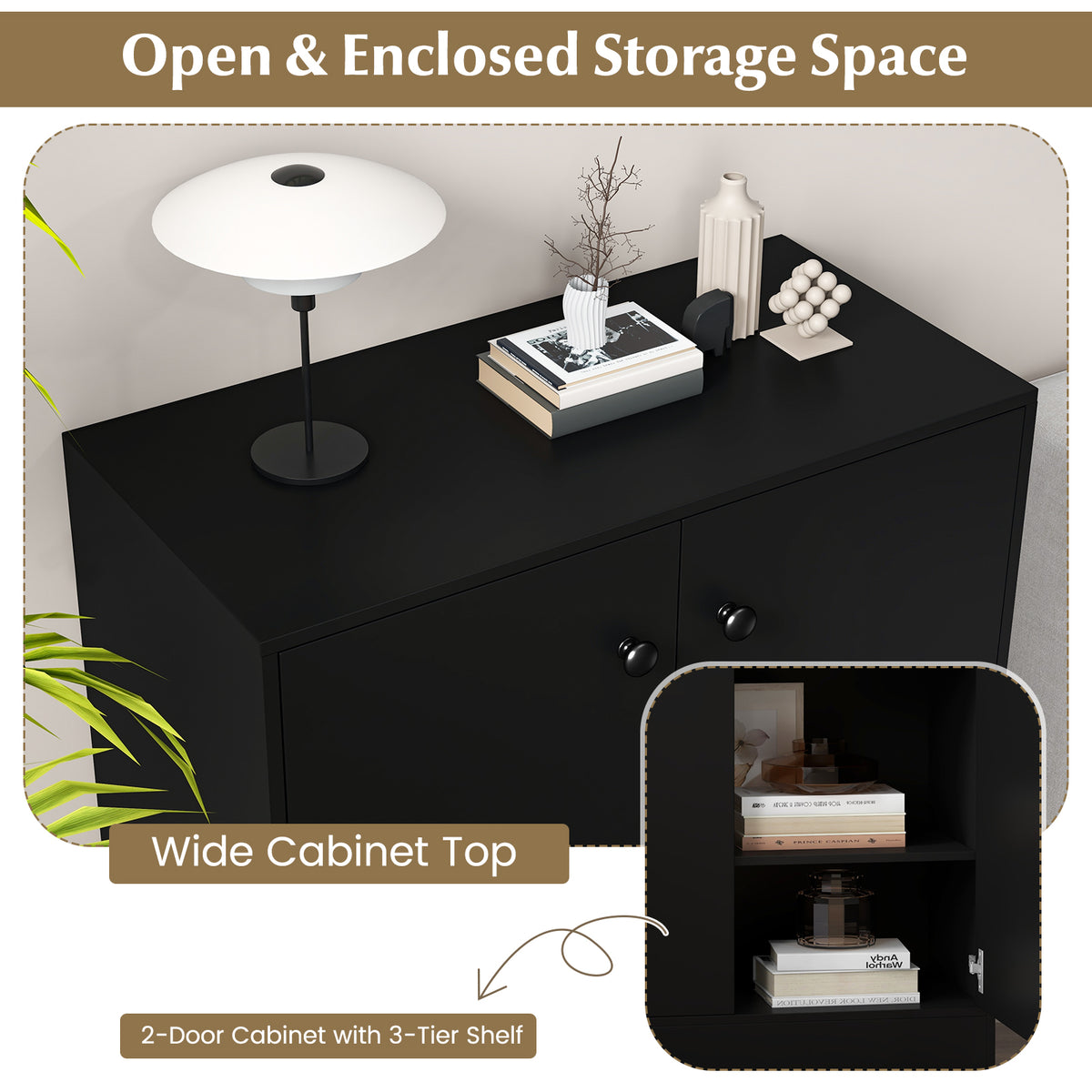 2-Door Storage Cabinet with 3 Shelves-Black