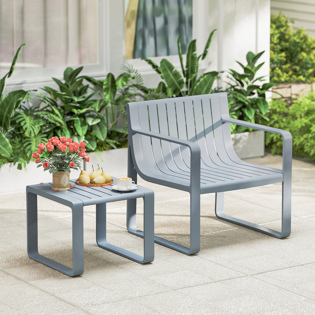 2 Piece Patio Furniture Set with Square Coffee Table-Grey