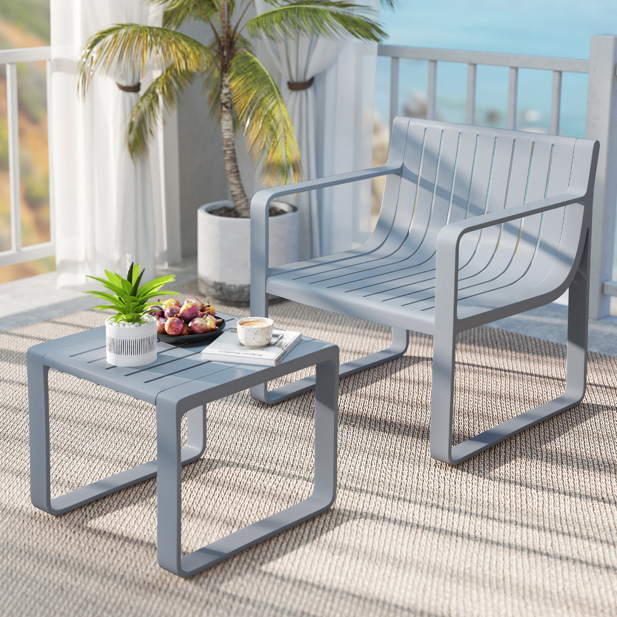 2 Piece Patio Furniture Set with Square Coffee Table-Grey