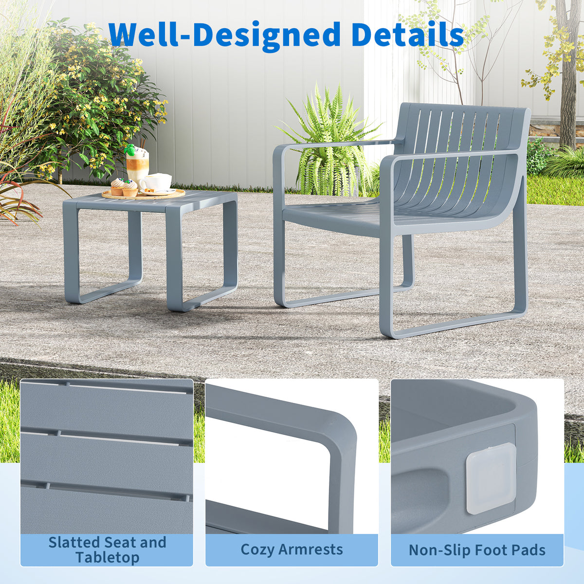 2 Piece Patio Furniture Set with Square Coffee Table-Grey