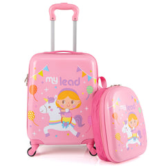 The kids luggage showing the suitcase standing upright with the backpack beside it