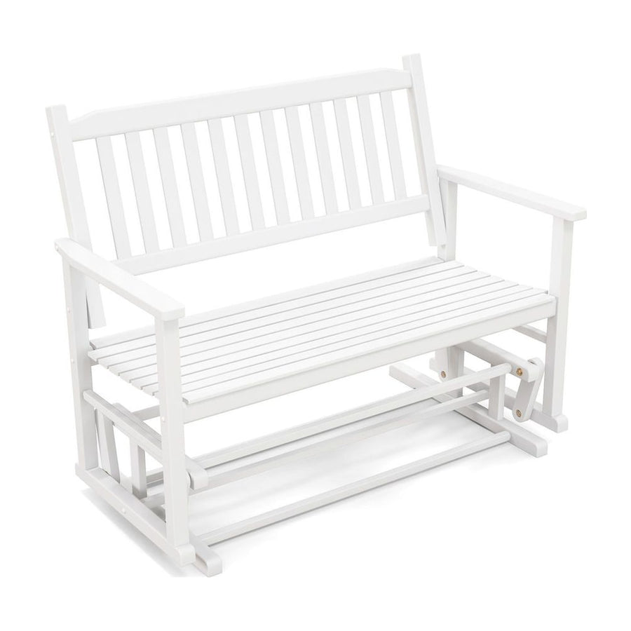 2 Seats Outdoor Glider Bench with Armrests and Slatted Seat-White