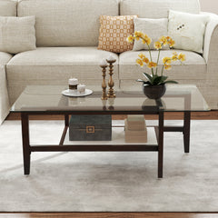 2-Tier Coffee Table with Storage Shelf and Solid Rubber Wood Legs-Brown