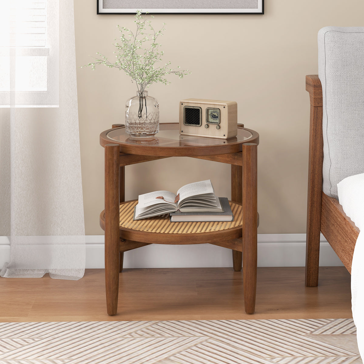 2-Tier PE Rattan Round Side End Table with Tempered Glass Tabletop