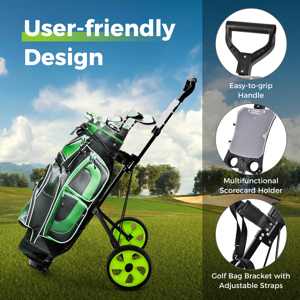 2 Wheels Foldable Golf Cart with Scoreboard-Green
