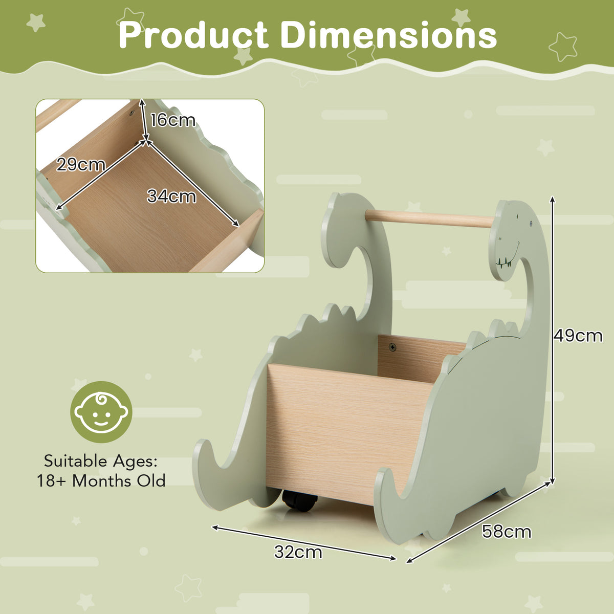 2 in 1 Wooden Baby Push Walker Toddler Shopping Cart with Pine Wood Handle-Green