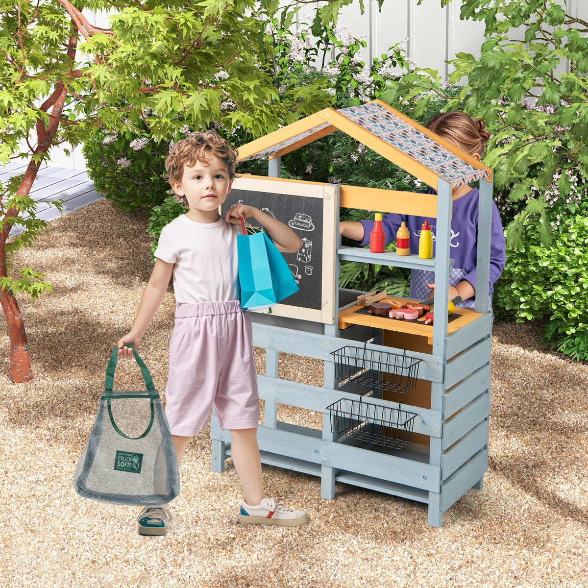 2 in 1 Wooden Mud Kitchen and Grocery Store with Removable Sink-Grey