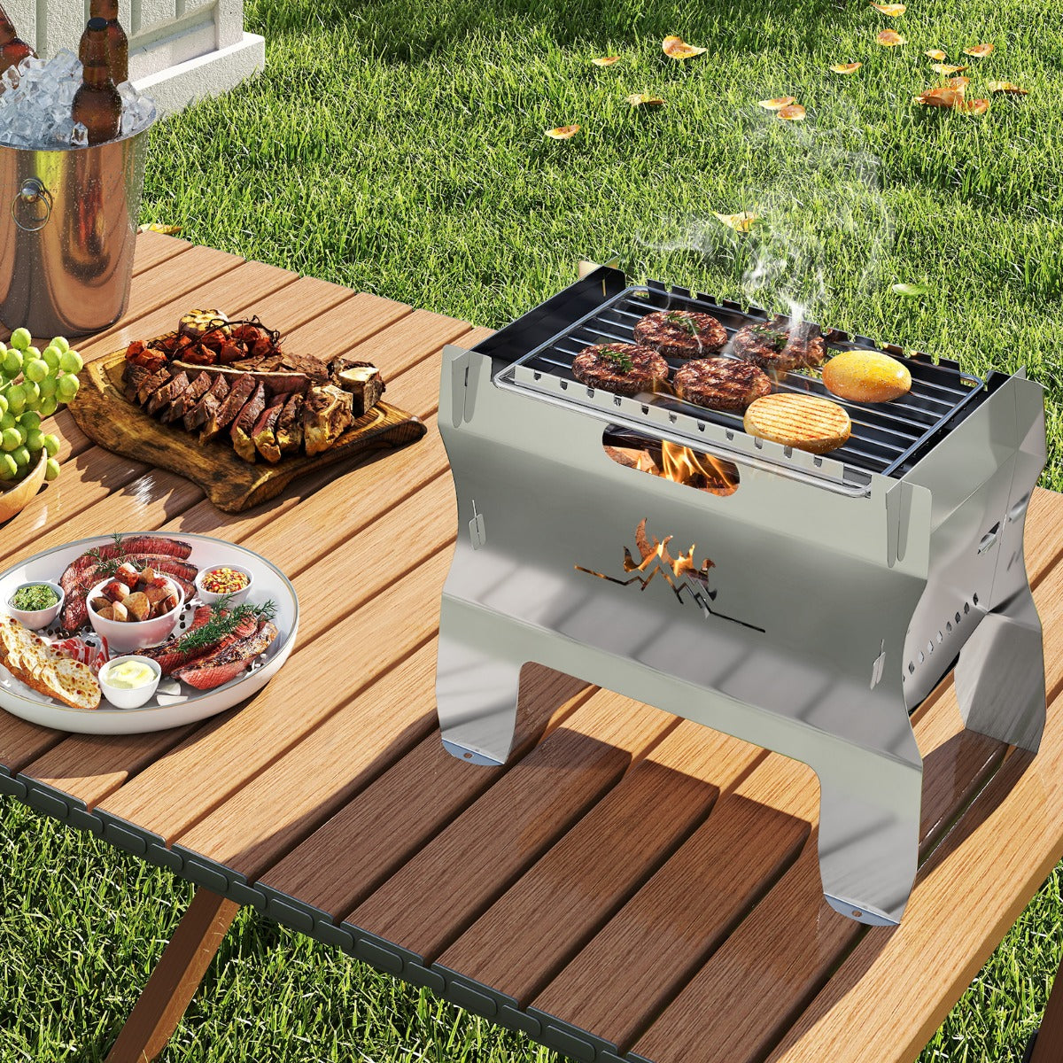 2-in-1 Camping Grill with Stainless Steel Grate and Carrying Bag-Silver
