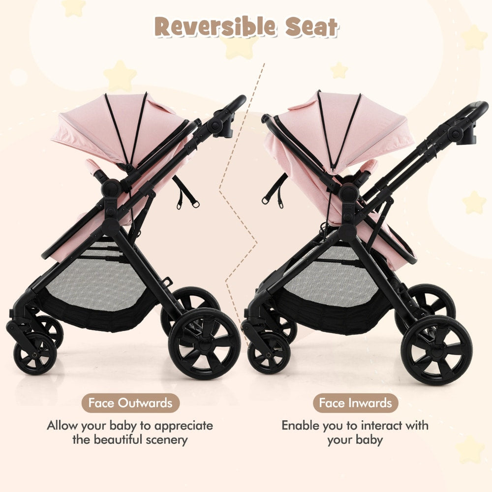 Demonstration of the reversible seat on the pink convertible baby stroller