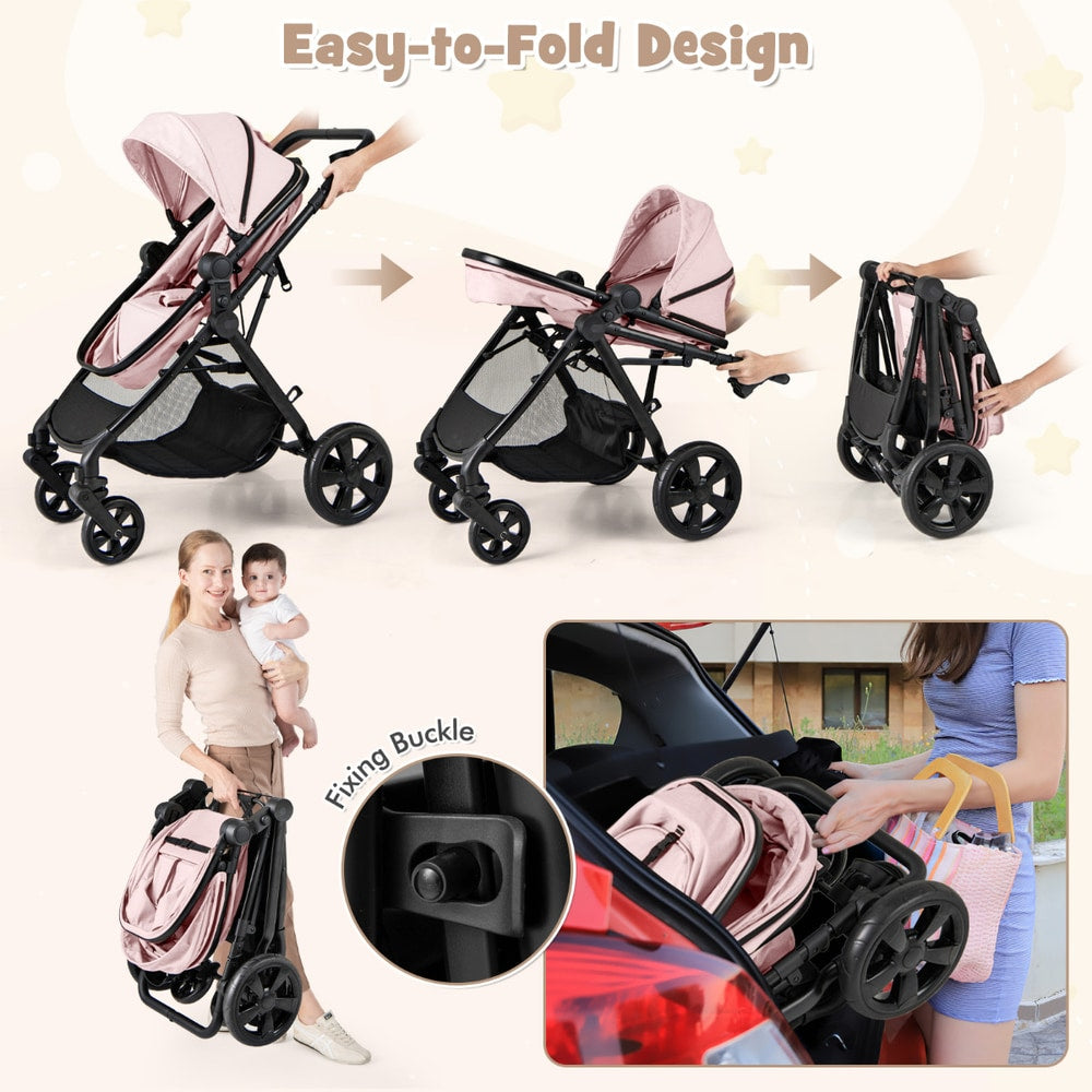 Easy-to-fold design of the pink convertible baby stroller with fixing buckle detail
