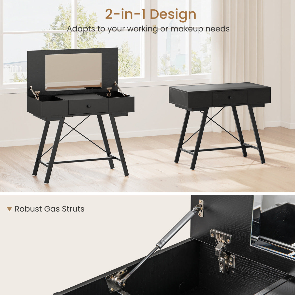 2-in-1 Vanity Desk with Mirror and Charging Station-Black