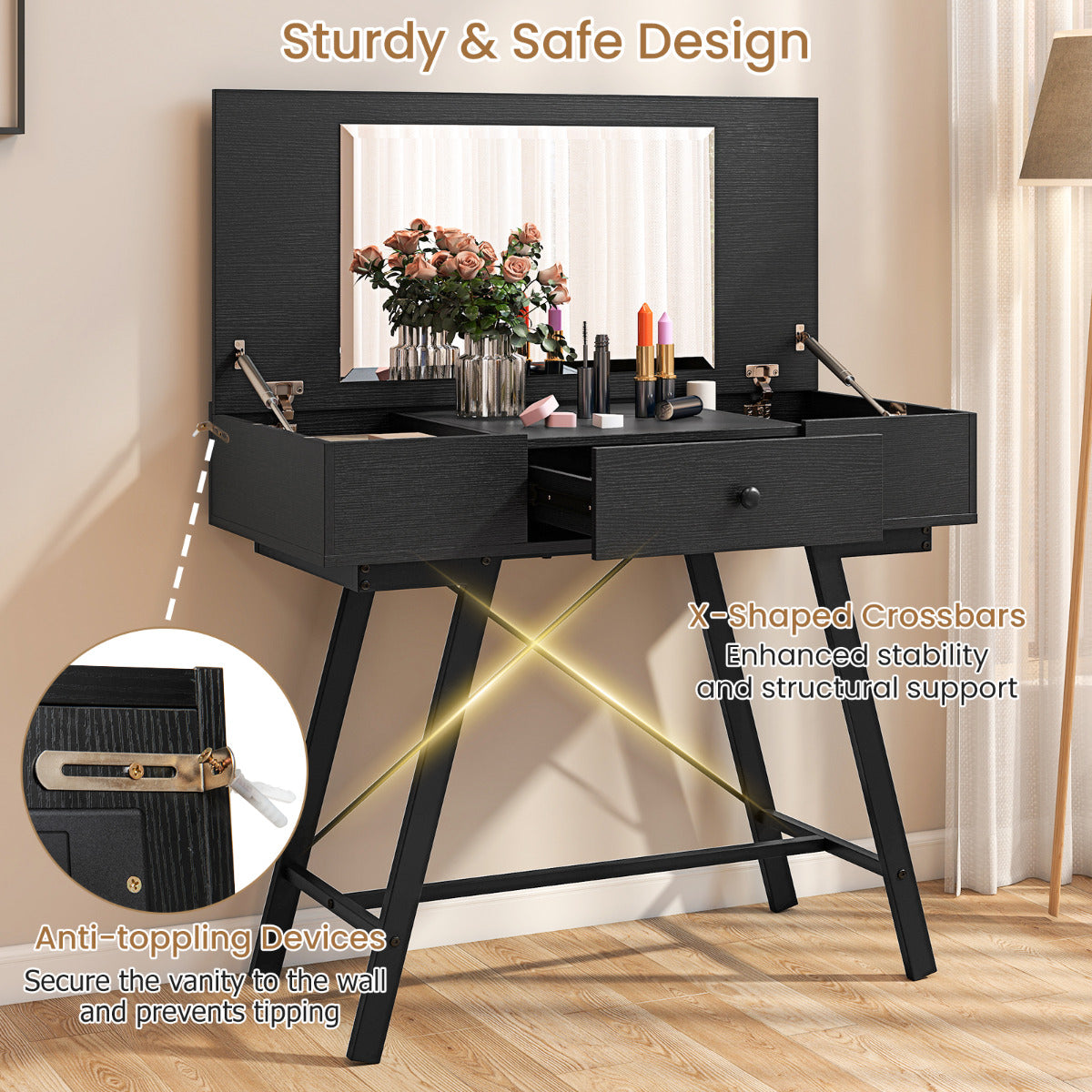 2-in-1 Vanity Desk with Mirror and Charging Station-Black