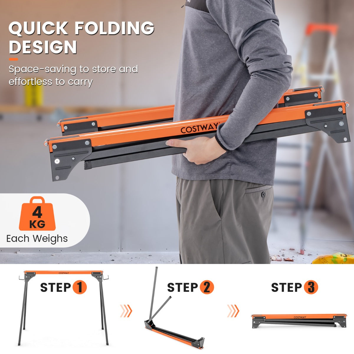 2 Pack Portable Saw Horse Work Table with Quick Open Legs and Support Arms-Orange
