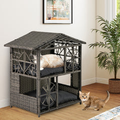 2-storey Wicker Cat House with Removable Cushions-Grey