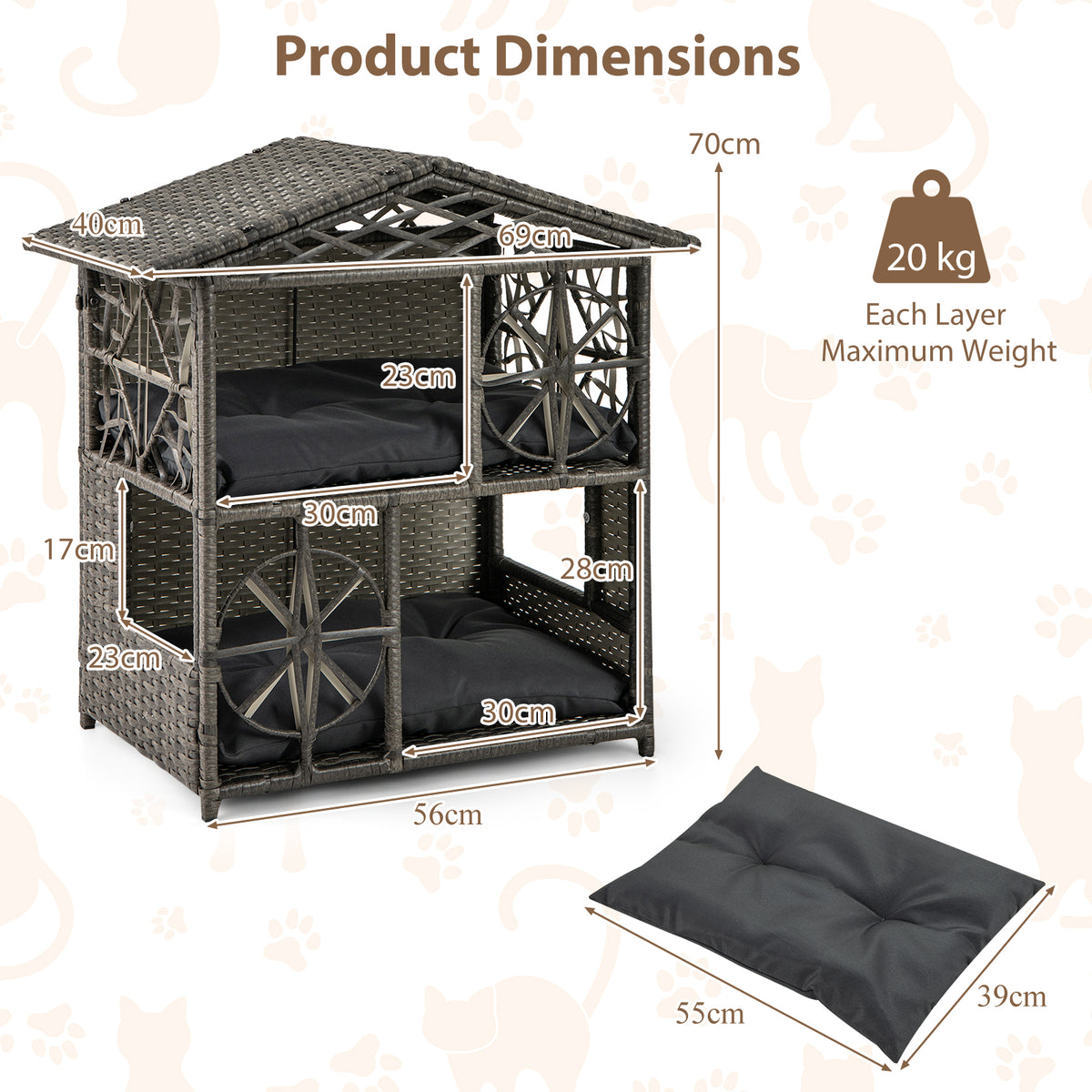 2-storey Wicker Cat House with Removable Cushions-Grey