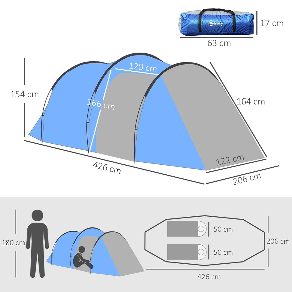 The camping tent showing overall dimensions and a person for scale in a diagram
