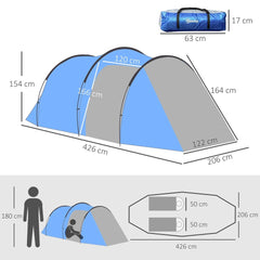 The camping tent showing overall dimensions and a person for scale in a diagram