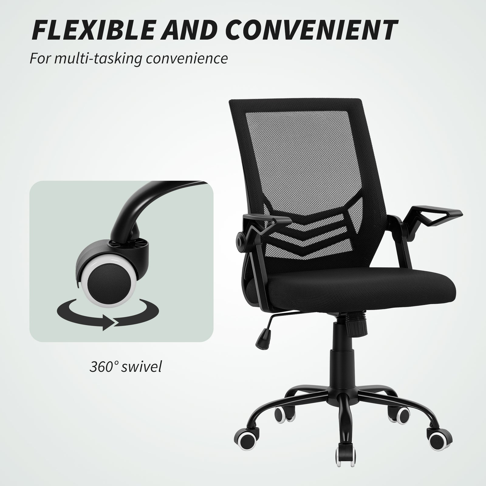 HOMCOM Modern Home Office Furniture Set, Computer Desk with Storage Shelf and Ergonomic Mesh Chair with Flip-Up Armrests, Lumbar Support, Adjustable Height, Rustic Brown and Black
