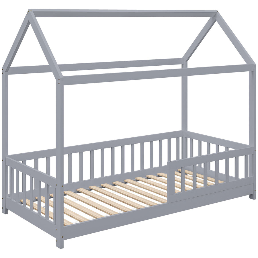 HOMCOM House-Shaped Kids Bed Frame with Guard Rails, Solid Pine Wood Single Bed Frame for Kids Boys and Girls, Grey