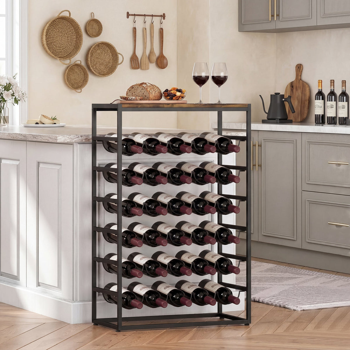 HOMCOM 30 Bottles Wine Rack, 6 Tier Free Standing Wine Storage Holder with Wood Effect Tabletop, Rustic Brown