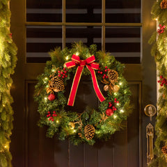 HOMCOM 60cm Pre-Lit Artificial Christmas Door Wreath Holly LED Decor Pine Cones Hanging Glittered Festival Indoor Decoration