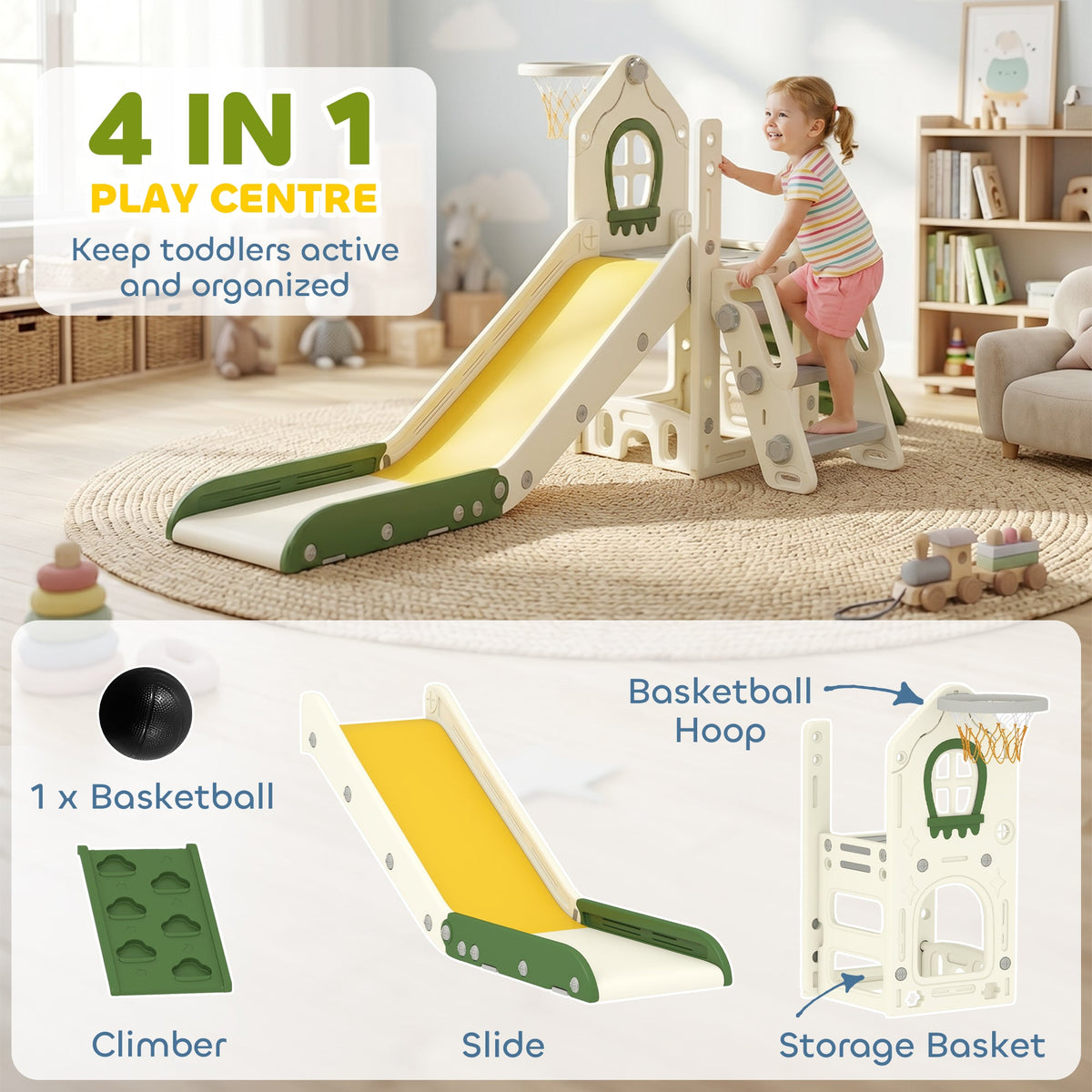 AIYAPLAY Foldable 4 in 1 Toddler Slide with Climber, Basketball Hoop, Storage Space and Basketball for Ages 1-3 Years, Cream