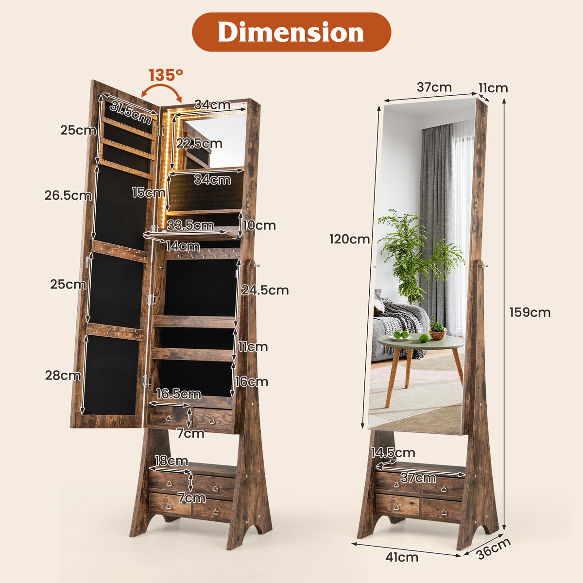 3-Color LED Lighted Jewelry Cabinet with Full-Length Mirror and Adjustable Tilt Angles-Rustic Brown