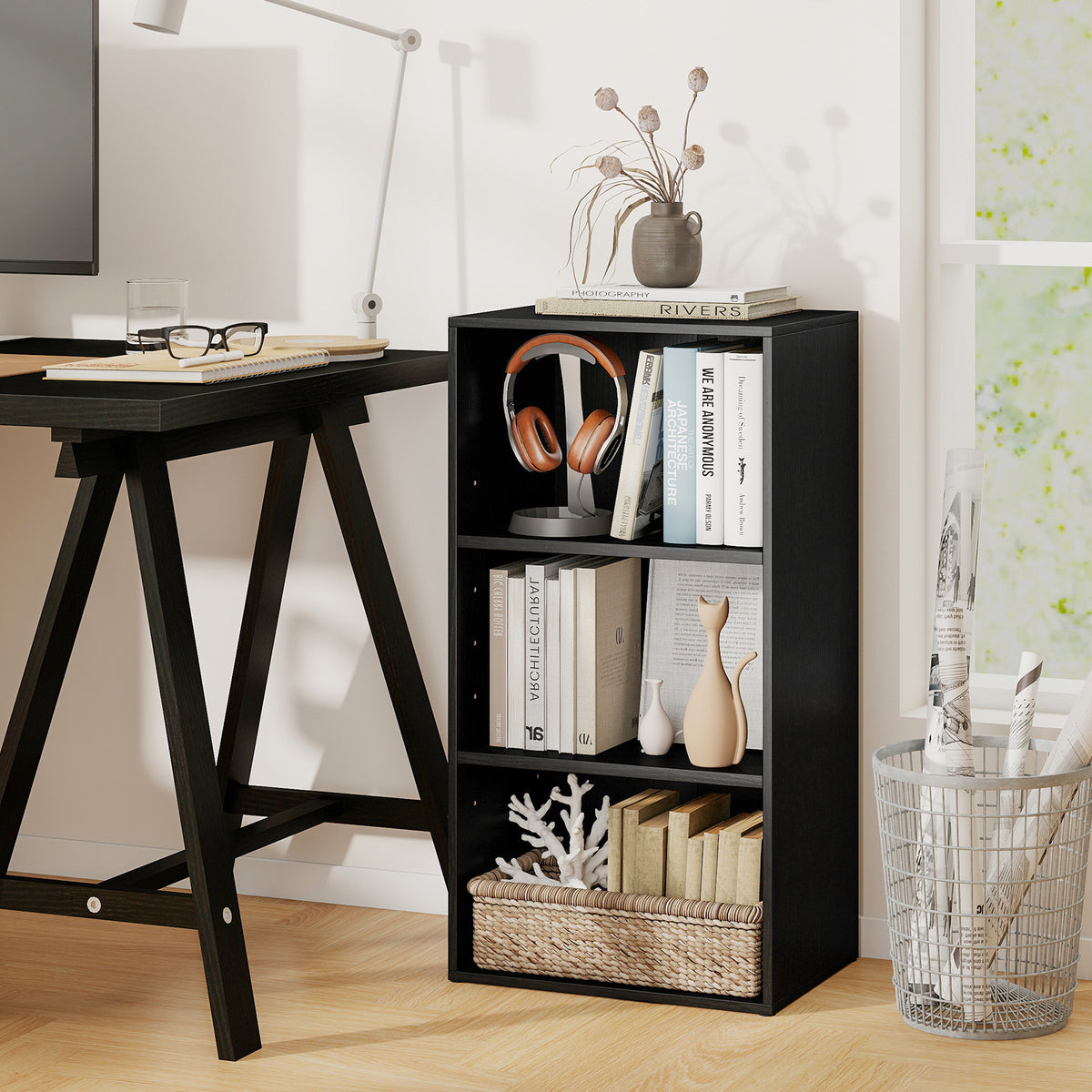3-Cube Bookcase with 7-Position Adjustable Shelves and Anti-Toppling Kits-Blcak