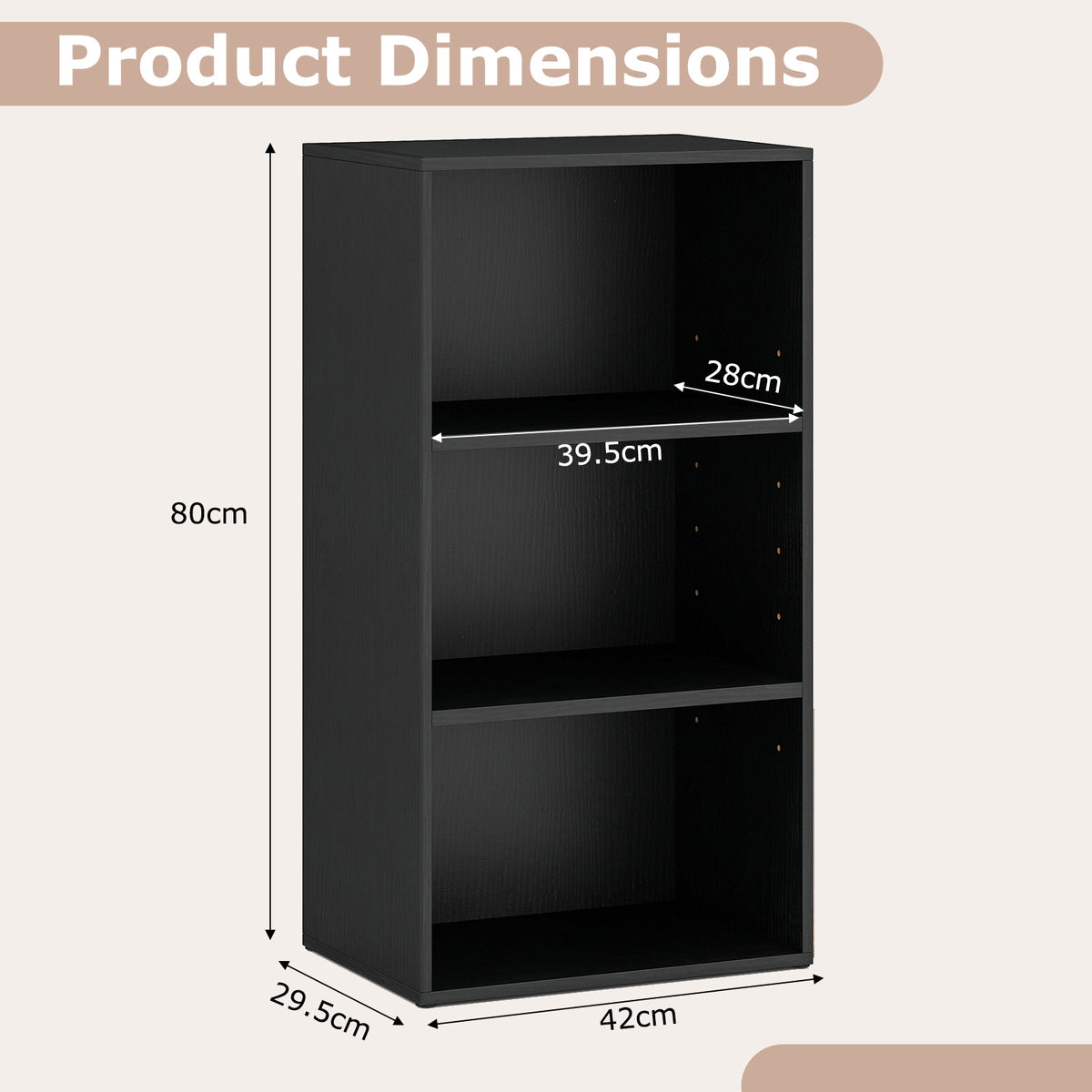 3-Cube Bookcase with 7-Position Adjustable Shelves and Anti-Toppling Kits-Blcak