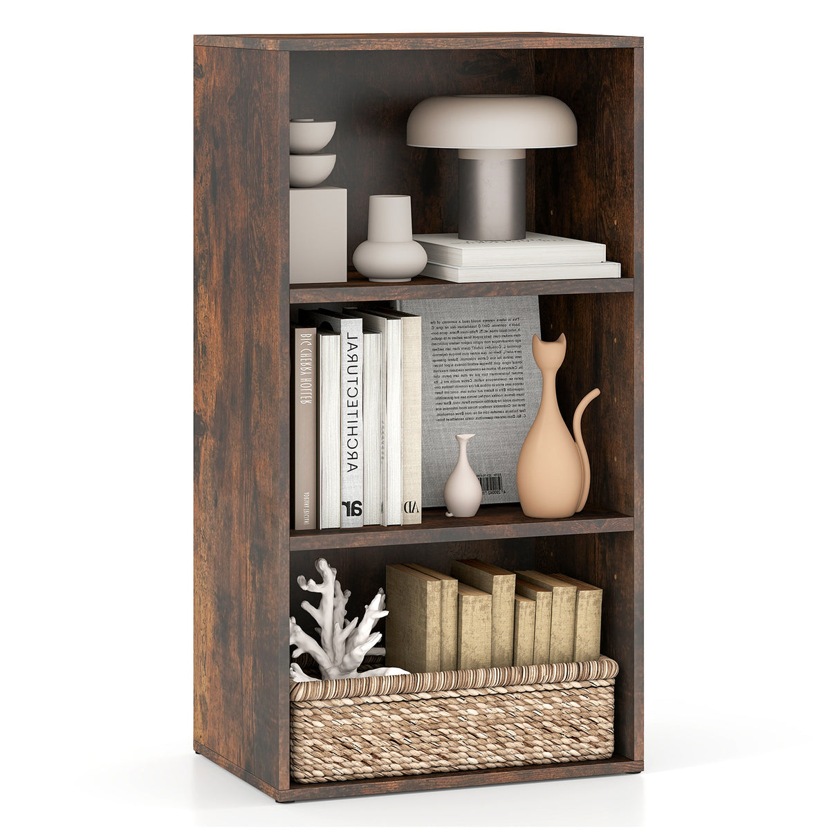 3-Cube Bookcase with 7-Position Adjustable Shelves and Anti-Toppling Kits-Rustic Brown