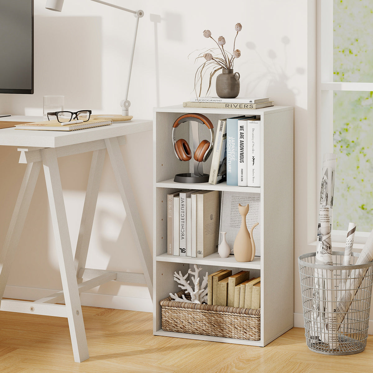 3-Cube Bookcase with 7-Position Adjustable Shelves and Anti-Toppling Kits-White