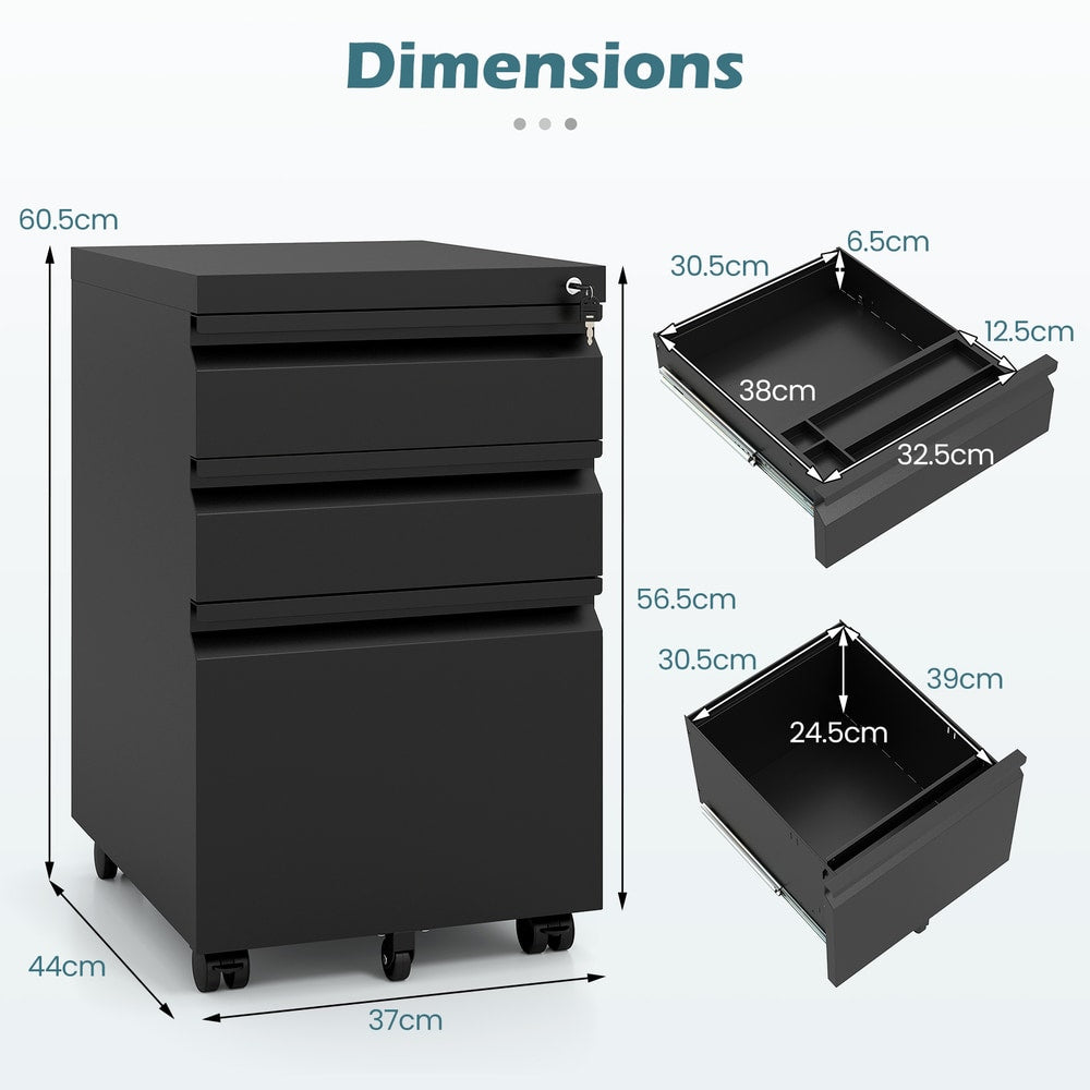Dimensions diagram for the 3-drawer mobile file cabinet, showing height, width and depth