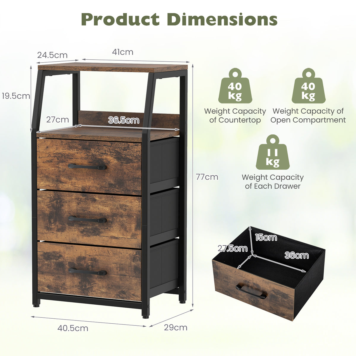 3-Drawer Storage Cabinet Vertical Storage Dresser with Detachable-Rustic Brown