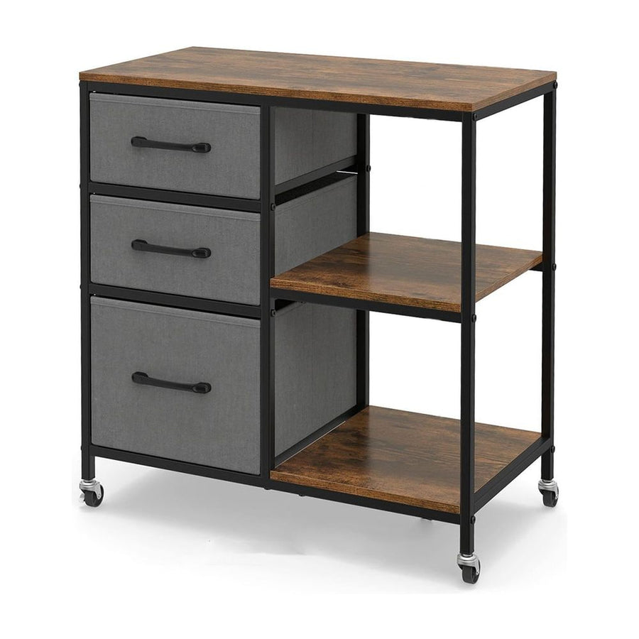 3 Drawer Wooden Mobile File Cabinet with Open Storage Shelves-Rusticbrown