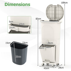 A diagram showing the dimensions of the beige kitchen bin and one of its buckets