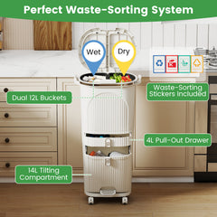3-Layer Sorting Trash Bin with 2 Removable Buckets-Beige