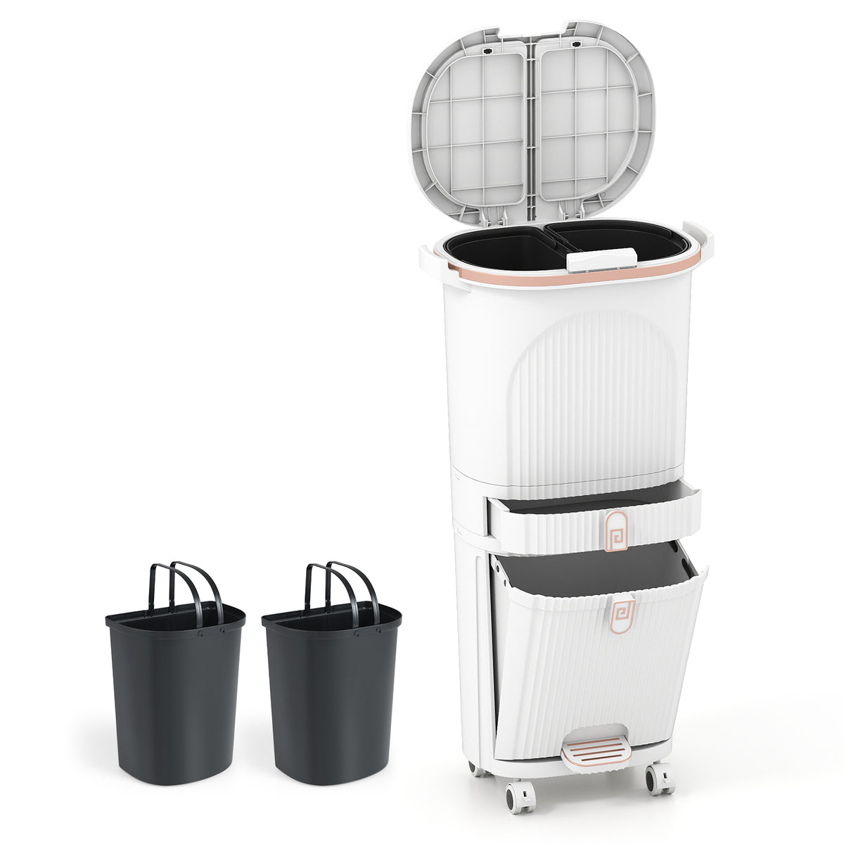 3-Layer Sorting Trash Bin with 2 Removable Buckets-White