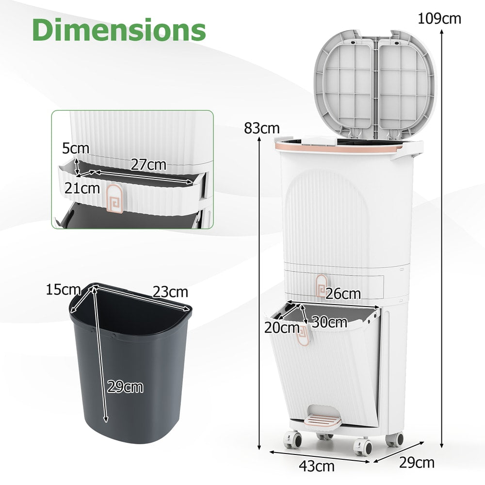 The kitchen trash can with various dimension lines and measurements shown on the unit