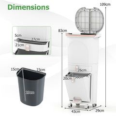 3-Layer Sorting Trash Bin with 2 Removable Buckets-White