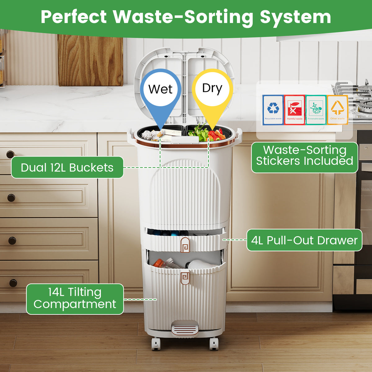 3-Layer Sorting Trash Bin with 2 Removable Buckets-White