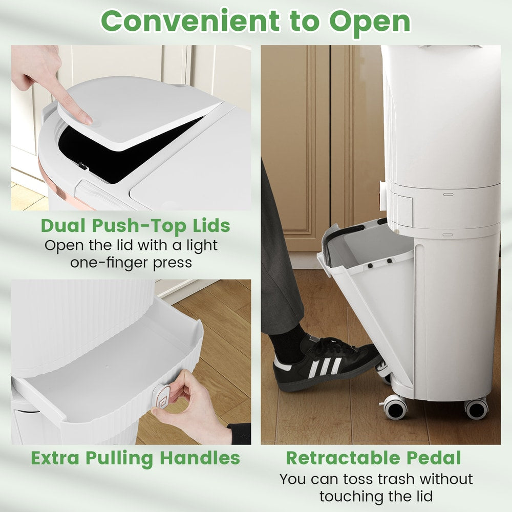 The kitchen trash can showing the push-top lids, pull-out drawer and pedal mechanism