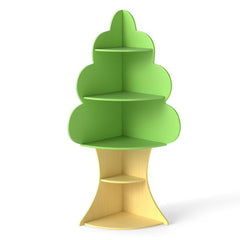 Green and wood coloured tree shaped bookshelf with three shelves