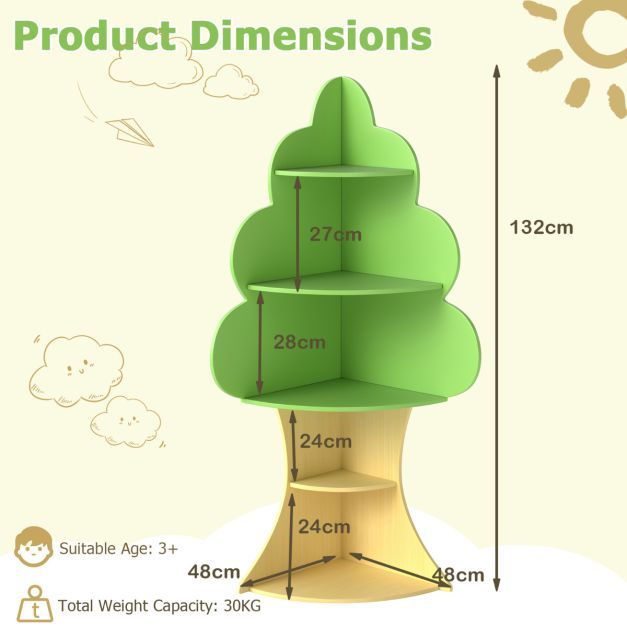 Tree bookshelf with dimensions and suitable age labelled