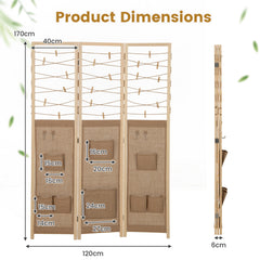 3-Panel Room Divider with 8 Storage Pockets and 4 Hooks-Natural