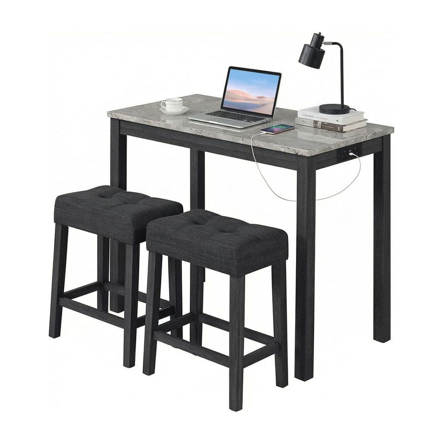 3-Piece Bar Table Set with Charging Station Modern Counter Height Breakfast Table with Faux Marble Top-Grey