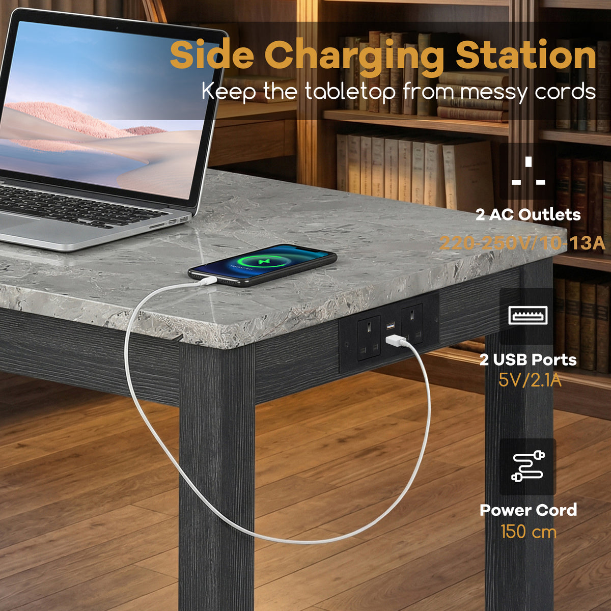3-Piece Bar Table Set with Charging Station Modern Counter Height Breakfast Table with Faux Marble Top-Grey